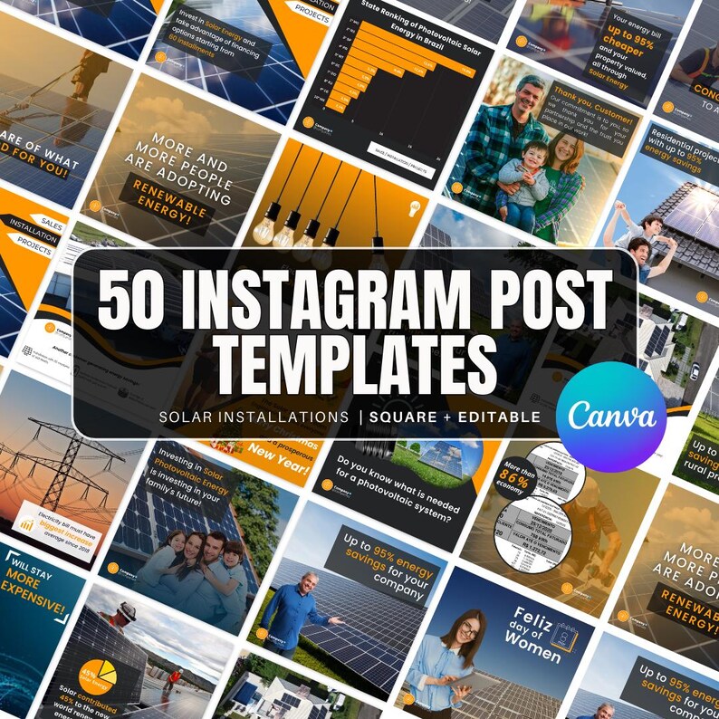 50 Solar Energy Business Instagram Post Templates for Canva | Solar Company Instagram | Gaia Glow Solar Social Media